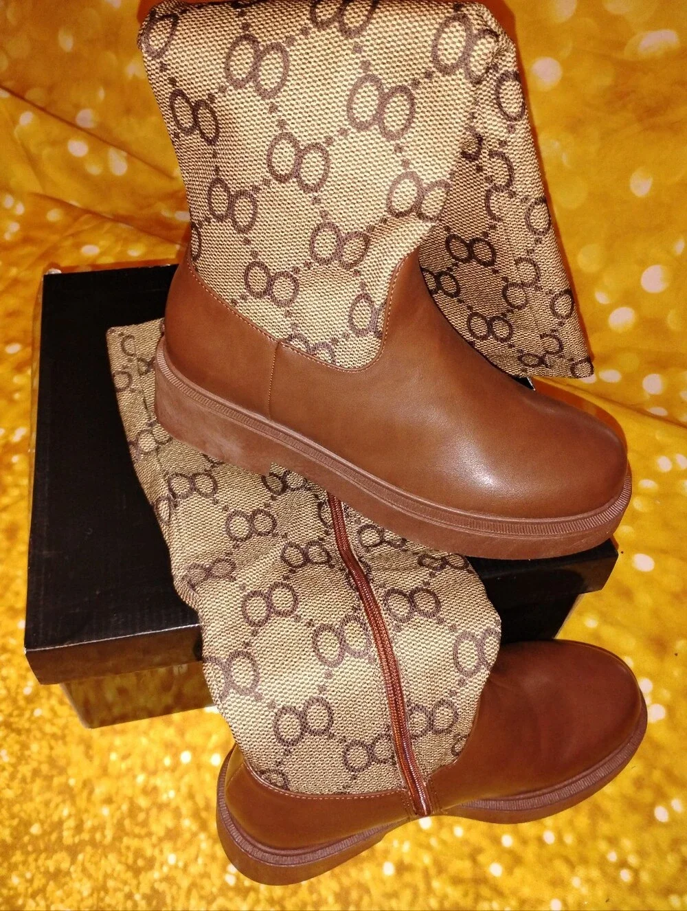 NEW! Beautiful Brown Fab Patterned Mid-calf Boots. NEVER WORN.